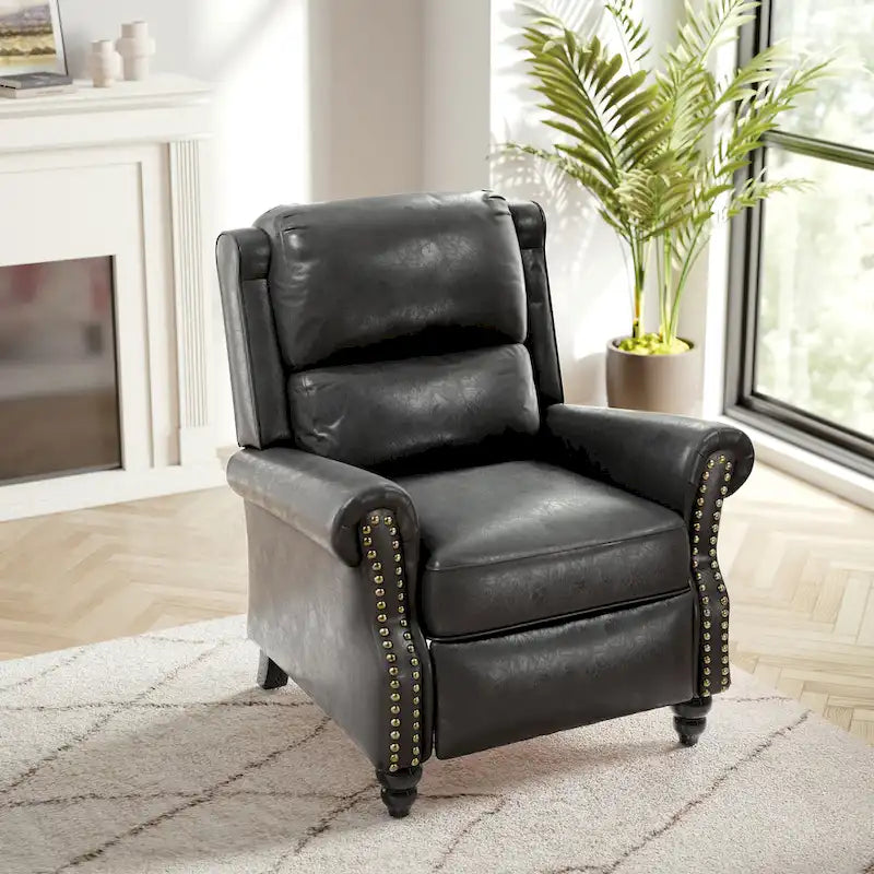 Fauteuil inclinable à dossier basculant, assise rembourrée et cloutée