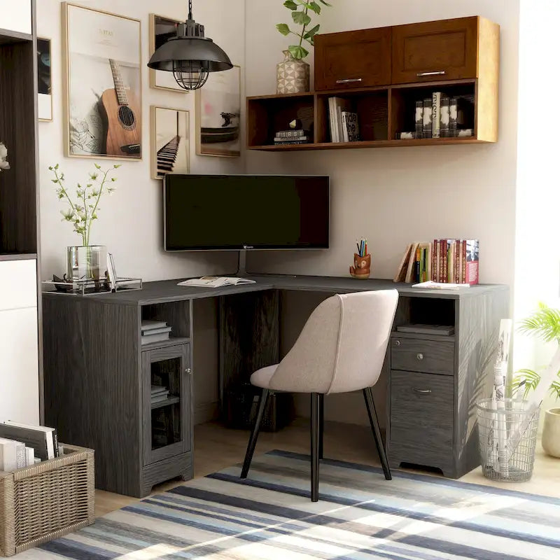 Bureau d'ordinateur en L de 59 pouces avec ports USB