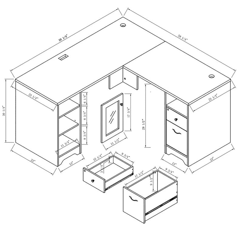 Bureau d'ordinateur en L de 59 pouces avec ports USB