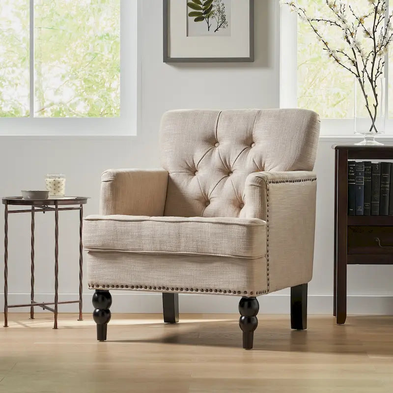 Fauteuil club en tissu avec dossier capitonné – 71,12 cm (longueur) x 74,93 cm (largeur) x 85,09 cm (hauteur)