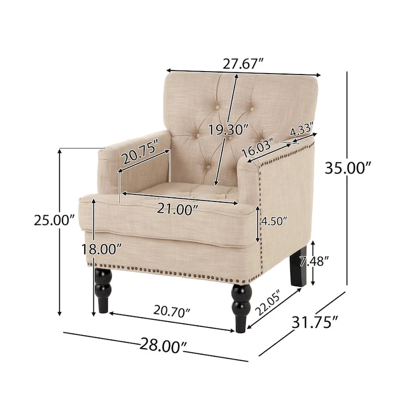 Fauteuil club en tissu avec dossier capitonné – 71,12 cm (longueur) x 74,93 cm (largeur) x 85,09 cm (hauteur)