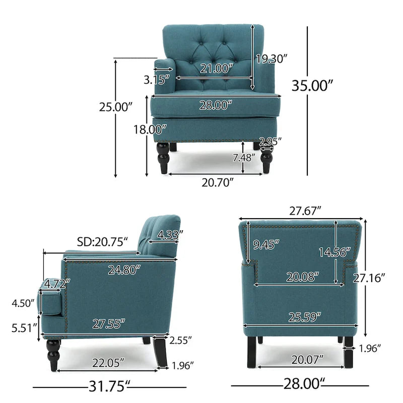 Fauteuil club en tissu avec dossier capitonné – 71,12 cm (longueur) x 74,93 cm (largeur) x 85,09 cm (hauteur)