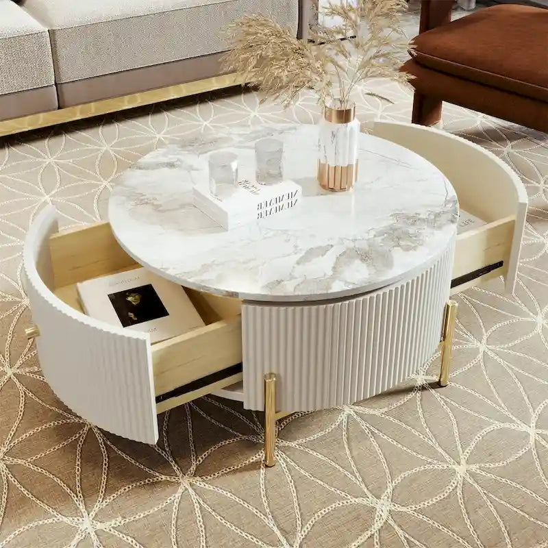 Table basse ronde moderne avec 2 grands tiroirs