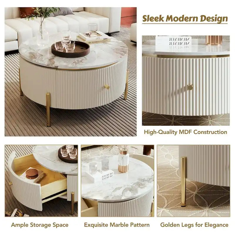 Table basse ronde moderne avec 2 grands tiroirs