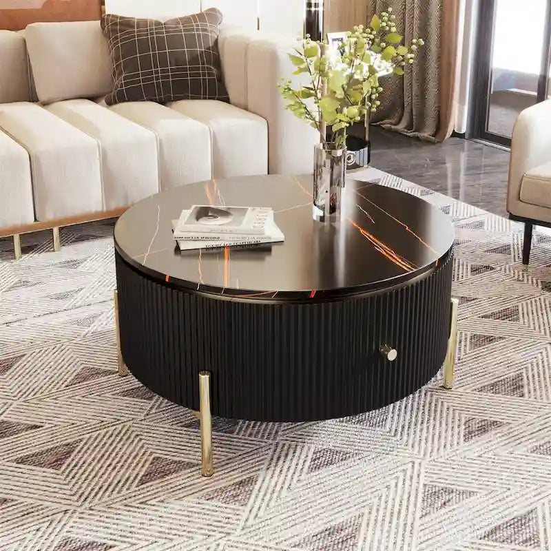 Table basse ronde moderne avec 2 grands tiroirs