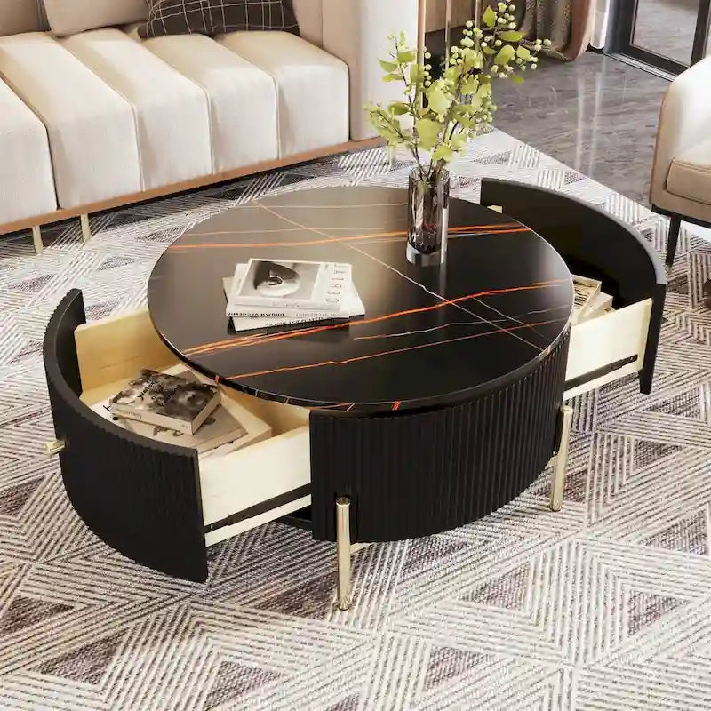 Table basse ronde moderne avec 2 grands tiroirs