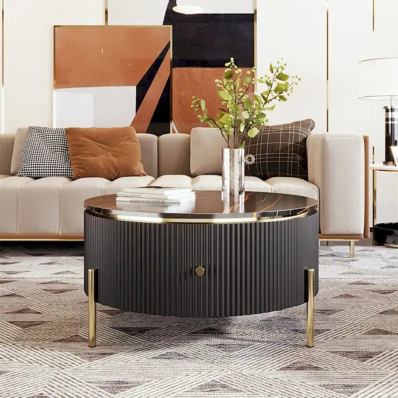 Table basse ronde moderne avec 2 grands tiroirs