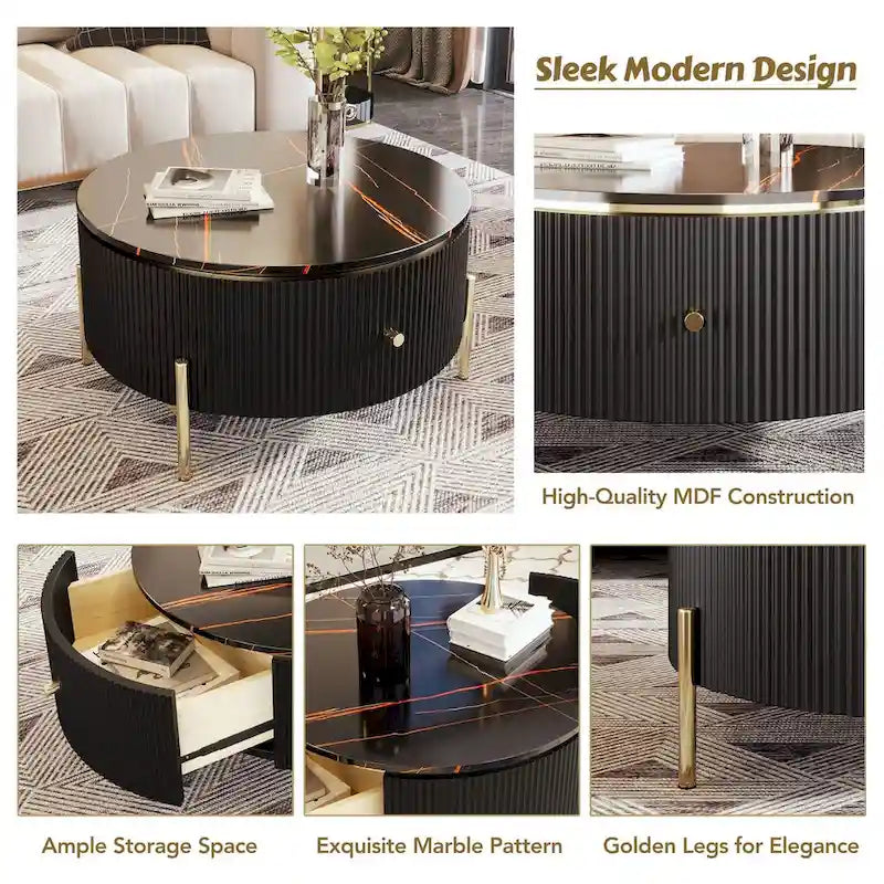 Table basse ronde moderne avec 2 grands tiroirs