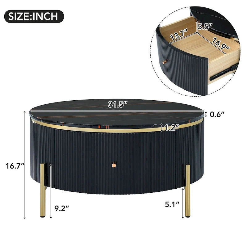 Table basse ronde moderne avec 2 grands tiroirs