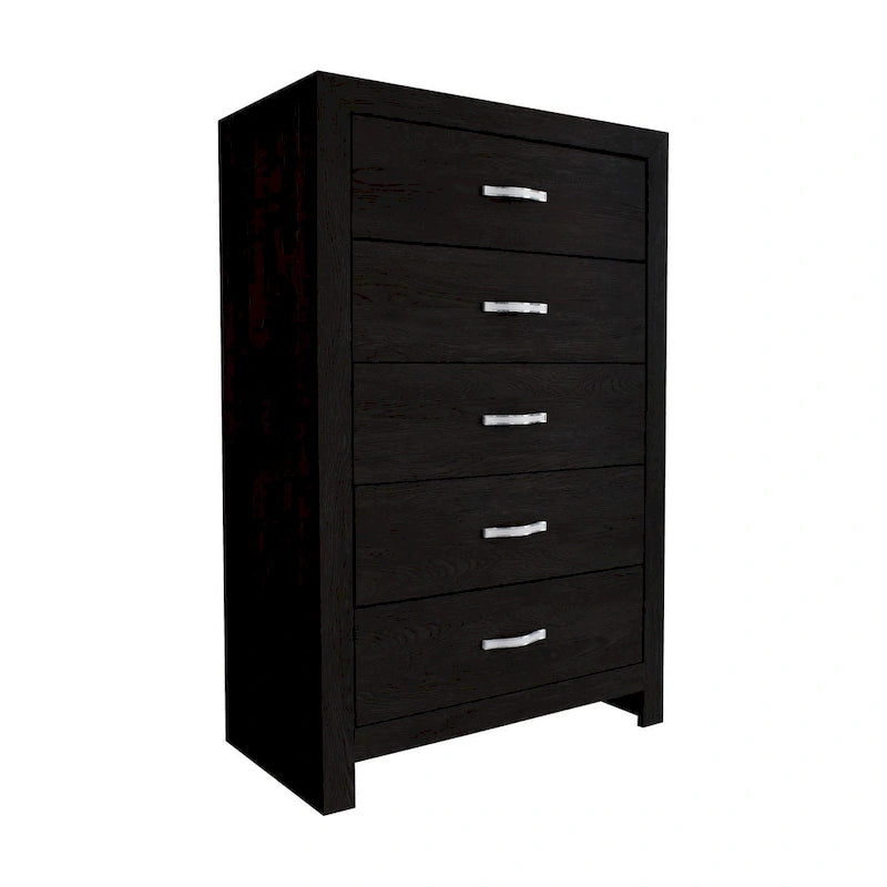 Commode à cinq tiroirs, hauteur 48 po, avec poignées incrustées imitation diamant, noire.