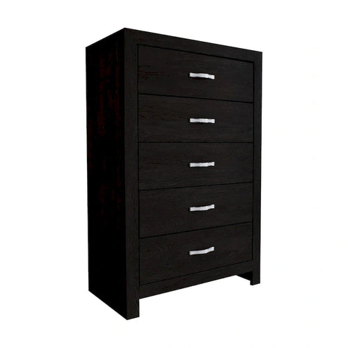 Commode à cinq tiroirs, hauteur 48 po, avec poignées incrustées imitation diamant, noire.