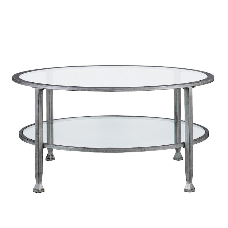 Table basse ronde en verre vieilli avec étagère.