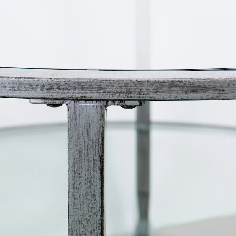 Table basse ronde en verre vieilli avec étagère.