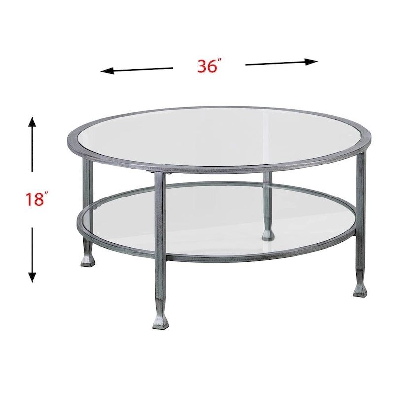 Table basse ronde en verre vieilli avec étagère.