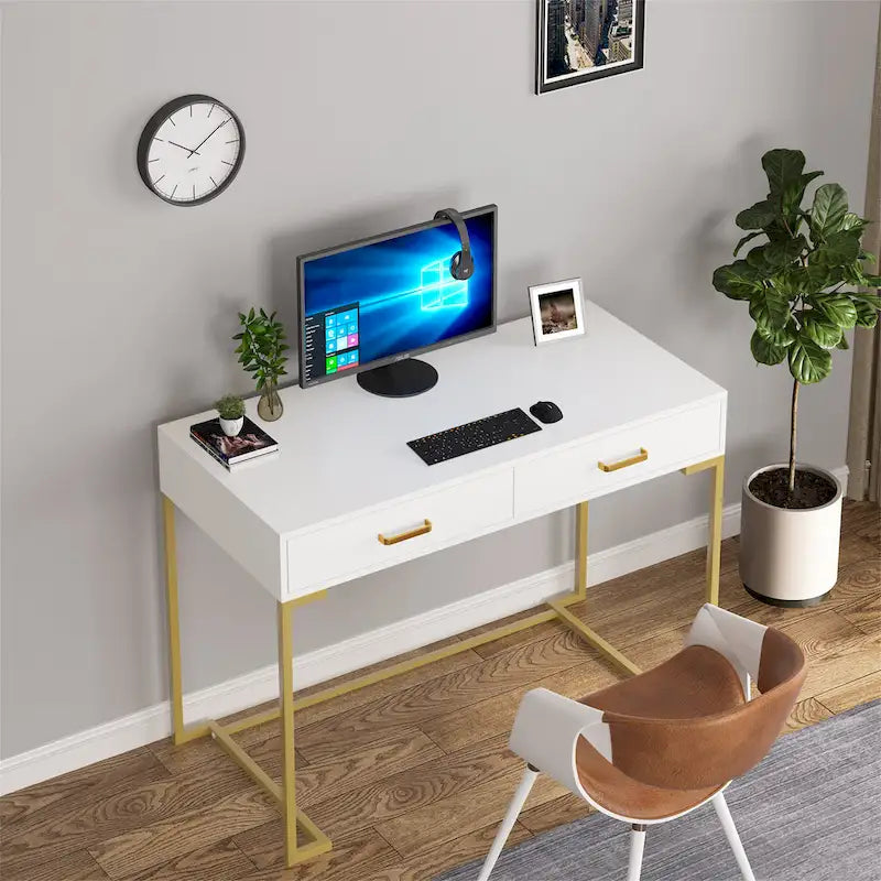 Bureau informatique avec 2 tiroirs, table d'étude/d'écriture moderne avec rangement pour bureau à domicile