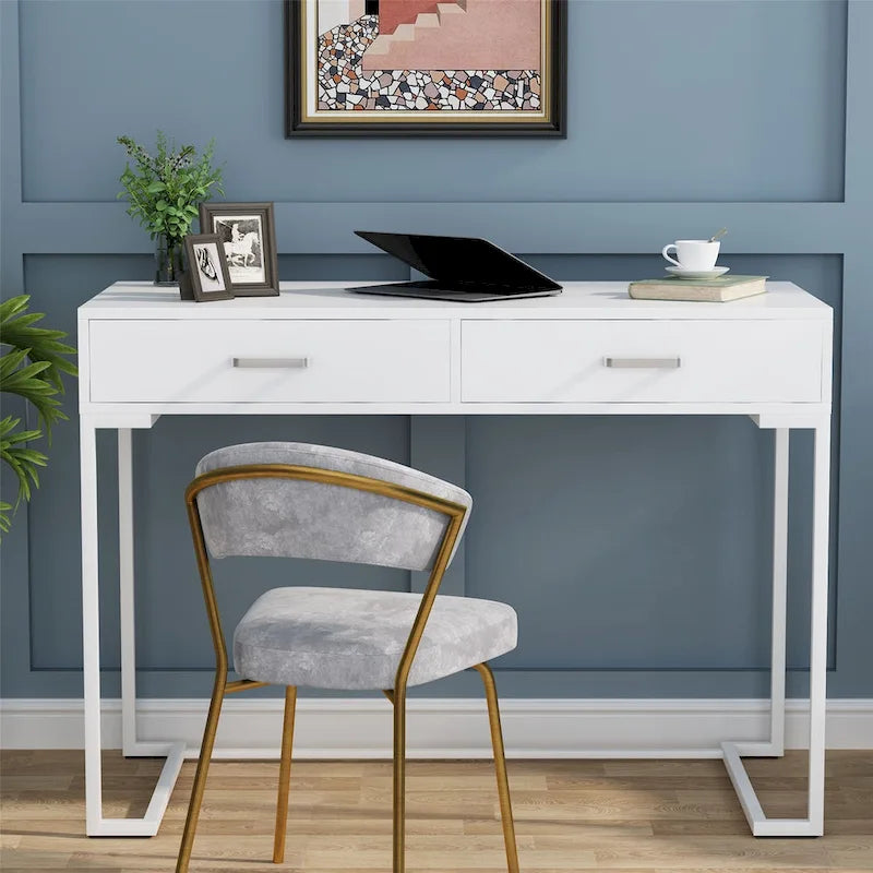 Bureau informatique avec 2 tiroirs, table d'étude/d'écriture moderne avec rangement pour bureau à domicile
