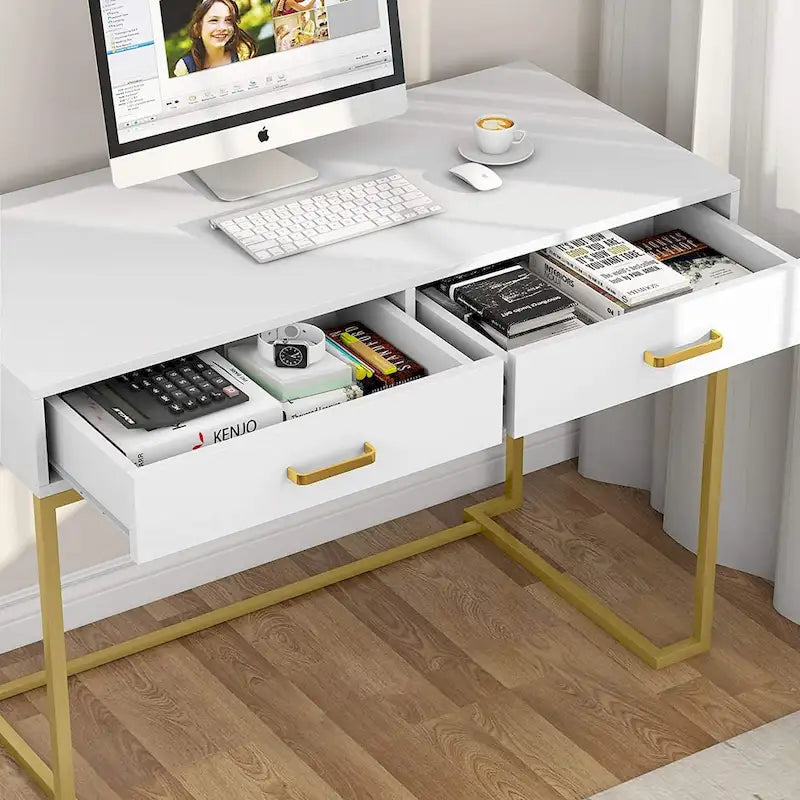 Bureau informatique avec 2 tiroirs, table d'étude/d'écriture moderne avec rangement pour bureau à domicile