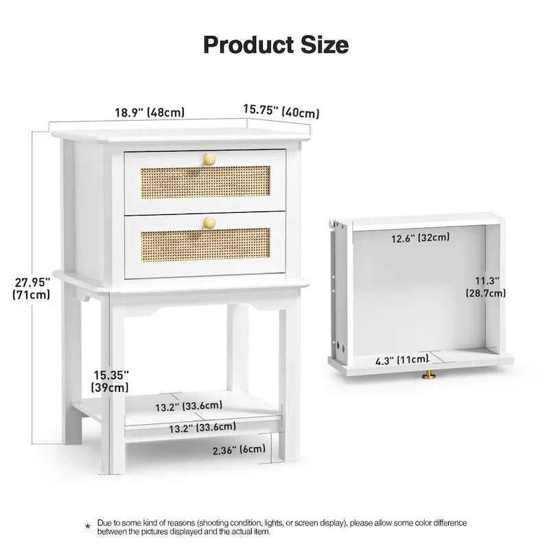 Table de chevet moderne de 71 cm de haut avec 2 tiroirs, en bois et rotin, avec étagère de rangement pour chambre à coucher, couleur blanche