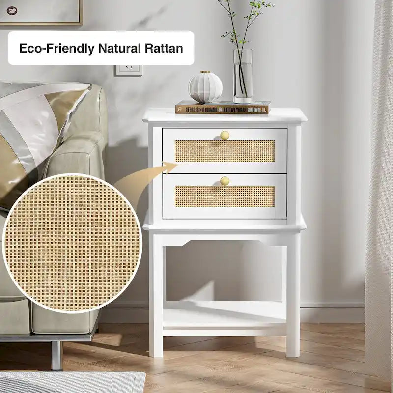 Table de chevet moderne de 71 cm de haut avec 2 tiroirs, en bois et rotin, avec étagère de rangement pour chambre à coucher, couleur blanche
