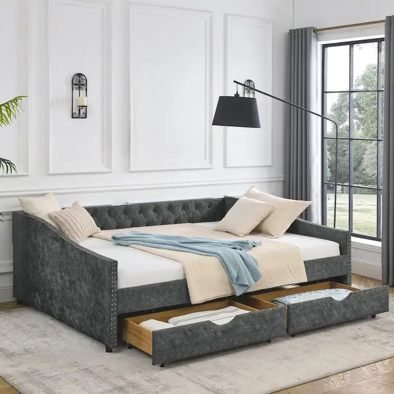 Lit de repos Queen Size avec tiroirs, canapé-lit capitonné