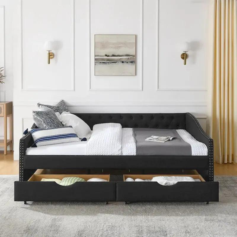 Lit de repos Queen Size avec tiroirs, canapé-lit capitonné