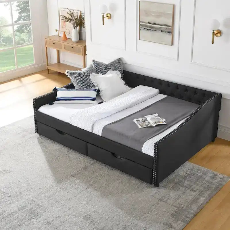 Lit de repos Queen Size avec tiroirs, canapé-lit capitonné