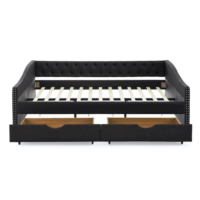 Lit de repos Queen Size avec tiroirs, canapé-lit capitonné