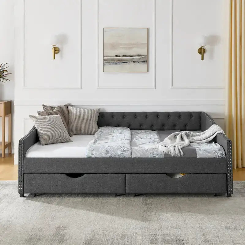 Lit de repos Queen Size avec tiroirs, canapé-lit capitonné