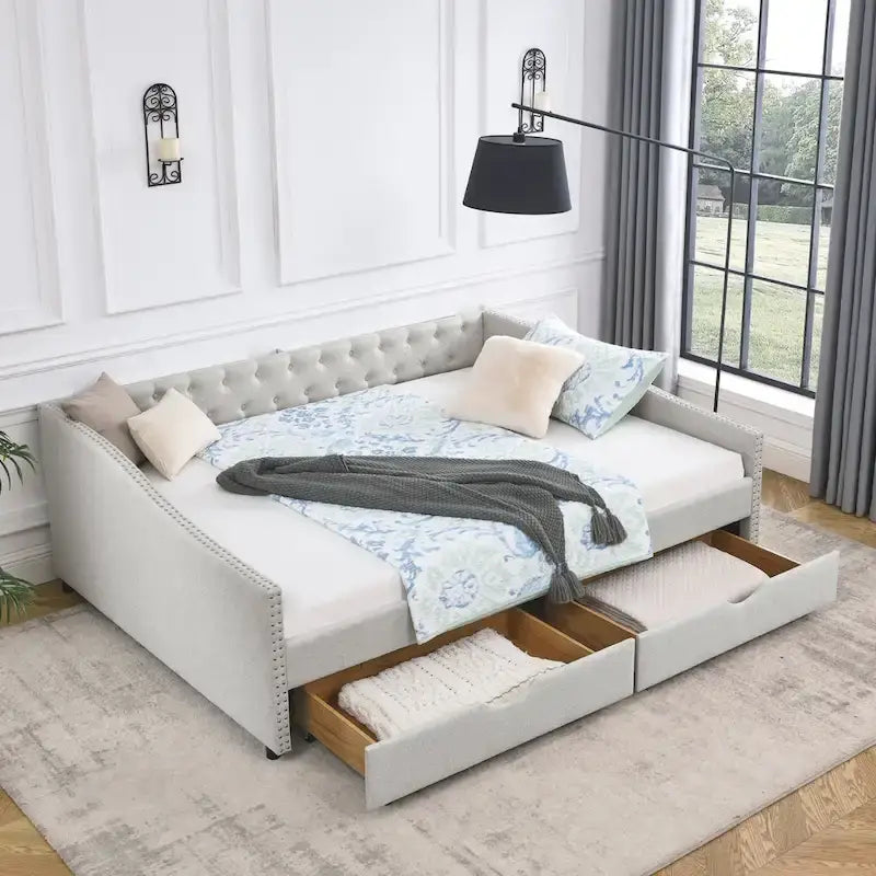 Lit de repos Queen Size avec tiroirs, canapé-lit capitonné