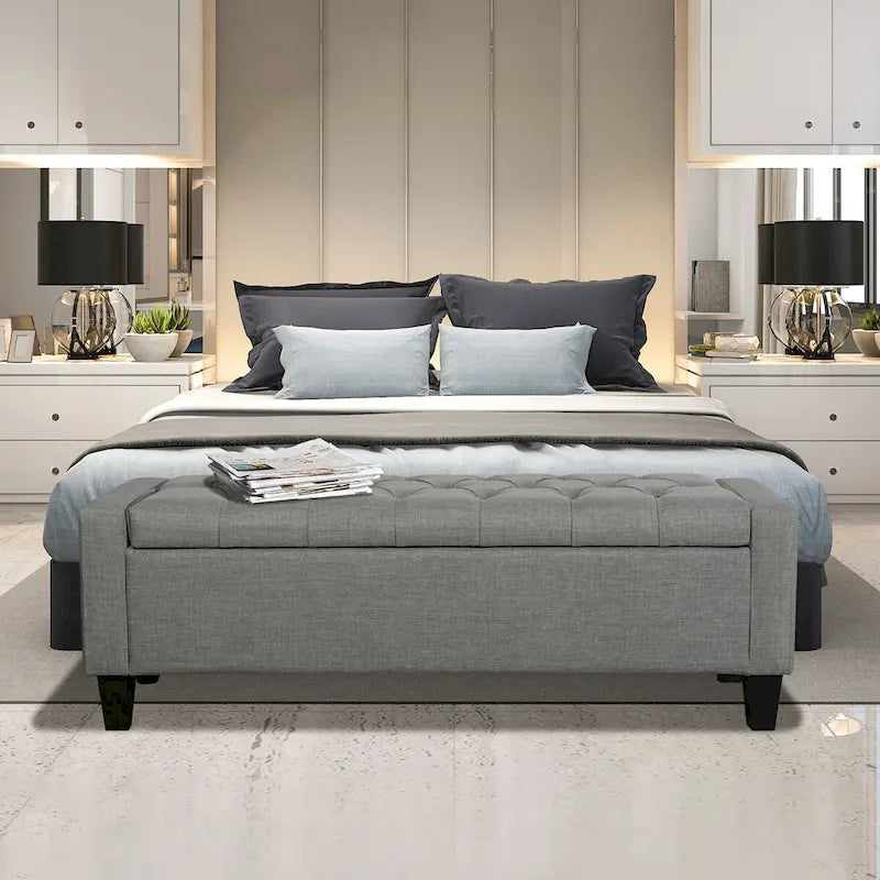 Banc de rangement capitonné en tissu