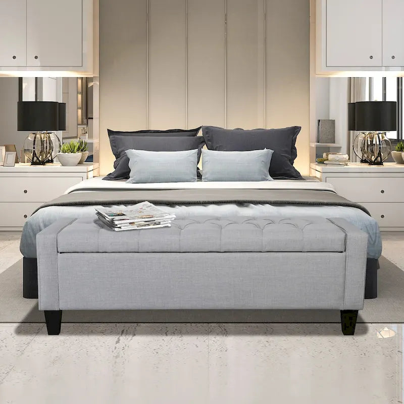 Banc de rangement capitonné en tissu