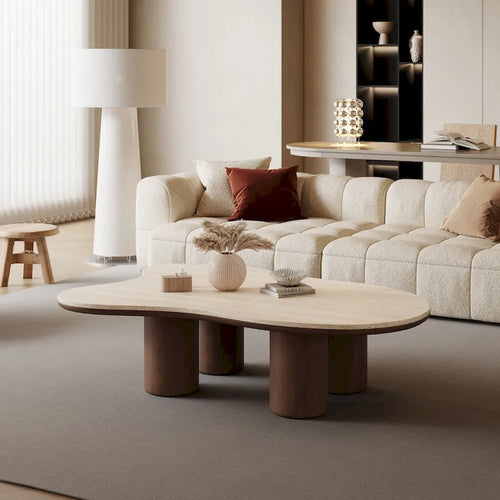 48 Modern Wood Coffee Table, Matte Stone Top, cloud Shaped