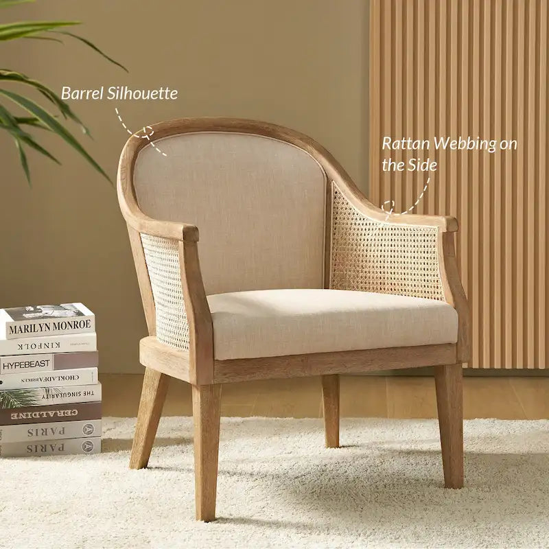 Fauteuil en rotin et bois massif style fermette.