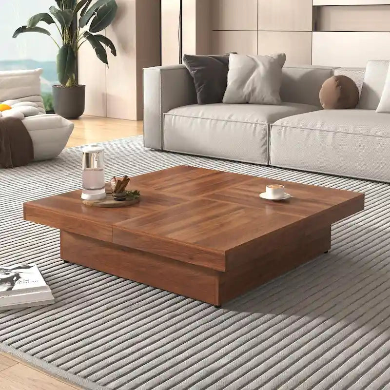 Table basse carrée en marbre (placage) de 39,4 po avec rangement supérieur coulissant