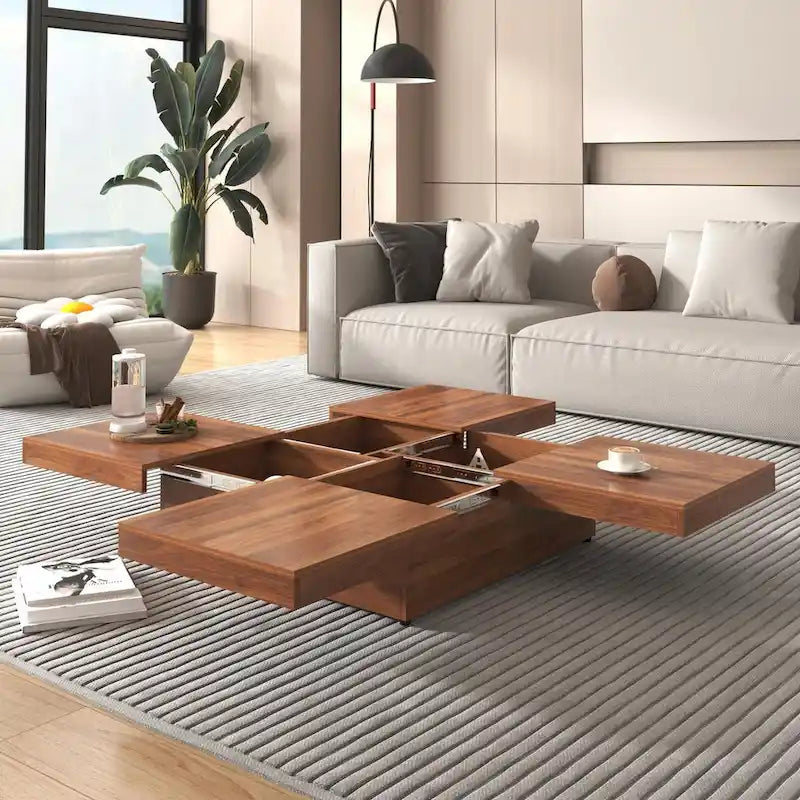 Table basse carrée en marbre (placage) de 39,4 po avec rangement supérieur coulissant