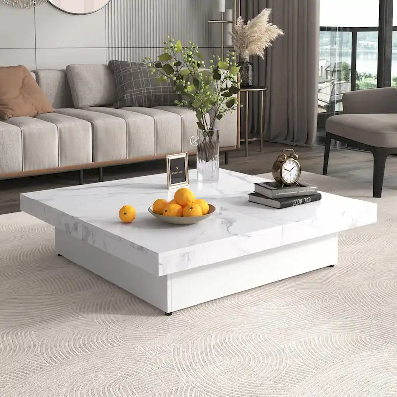 Table basse carrée en marbre (placage) de 39,4 po avec rangement supérieur coulissant