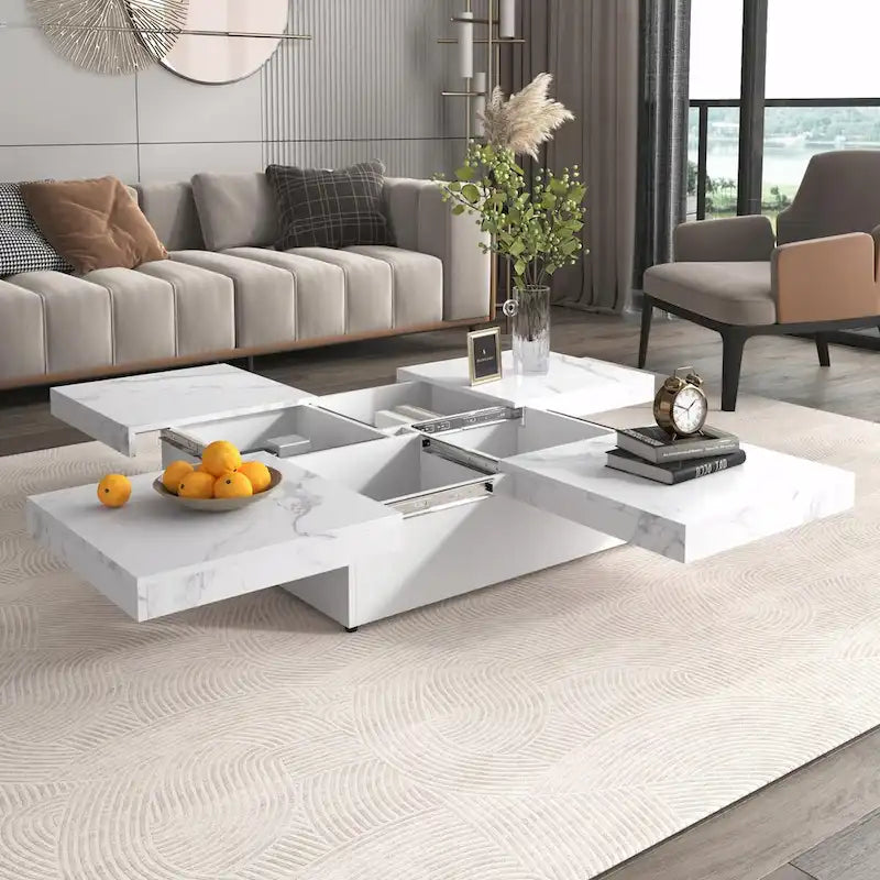 Table basse carrée en marbre (placage) de 39,4 po avec rangement supérieur coulissant
