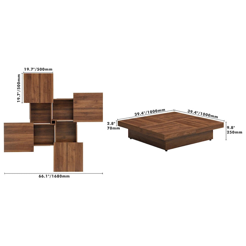 Table basse carrée en marbre (placage) de 39,4 po avec rangement supérieur coulissant