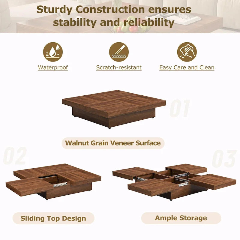 Table basse carrée en marbre (placage) de 39,4 po avec rangement supérieur coulissant