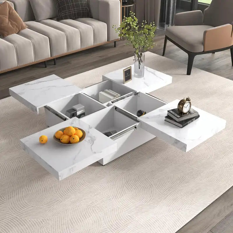 Table basse carrée en marbre (placage) de 39,4 po avec rangement supérieur coulissant