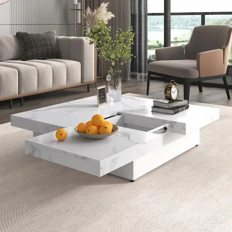 Table basse carrée en marbre (placage) de 39,4 po avec rangement supérieur coulissant