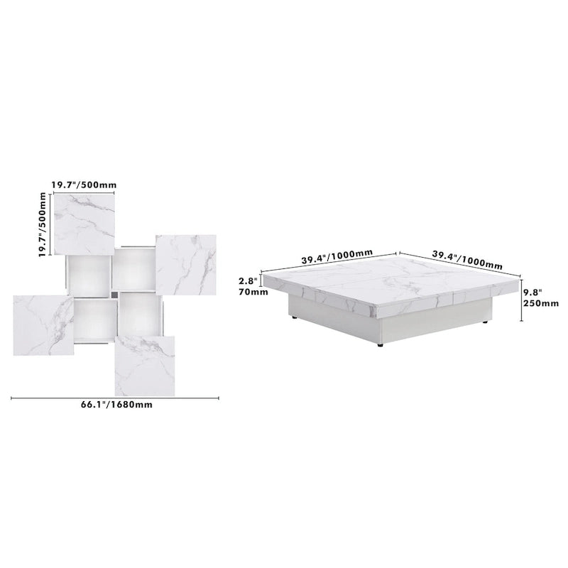 Table basse carrée en marbre (placage) de 39,4 po avec rangement supérieur coulissant