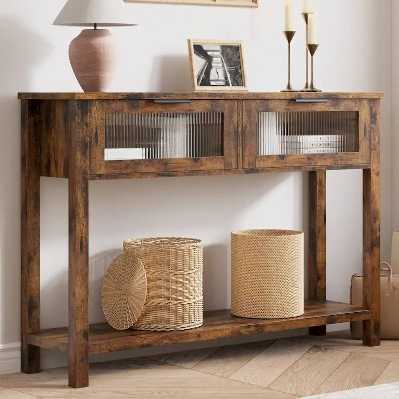 Table d'entrée en bois, Console avec 2 tiroirs en verre