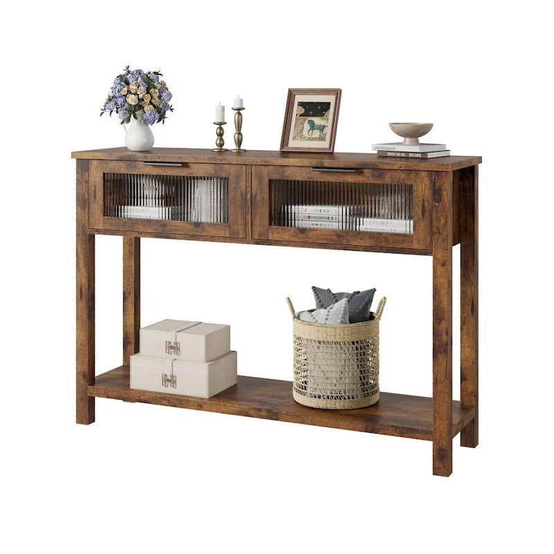 Table d'entrée en bois, Console avec 2 tiroirs en verre