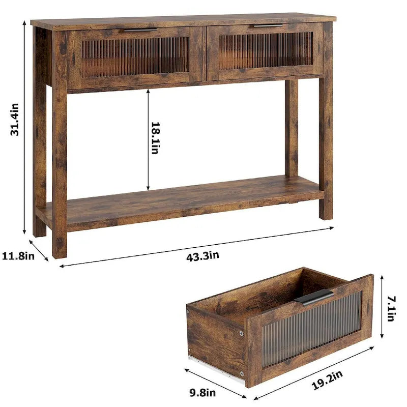 Table d'entrée en bois, Console avec 2 tiroirs en verre