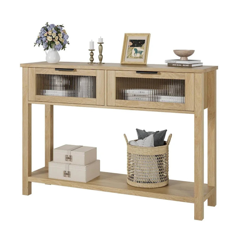 Table d'entrée en bois, Console avec 2 tiroirs en verre