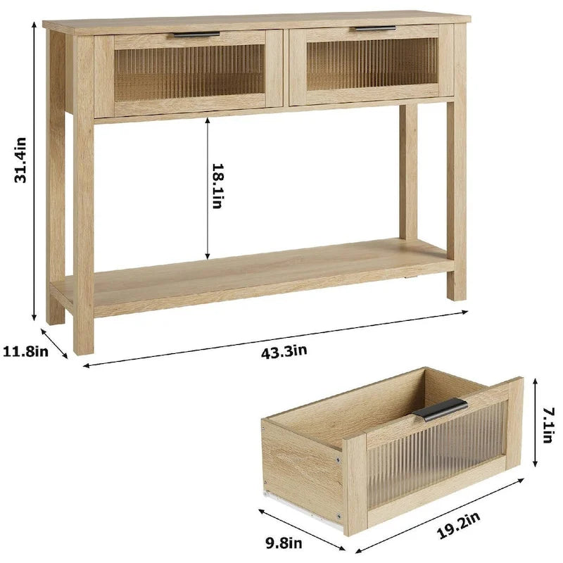 Table d'entrée en bois, Console avec 2 tiroirs en verre