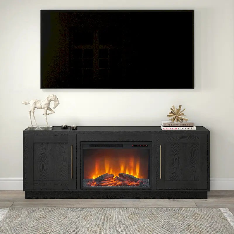 Meuble TV rectangulaire avec foyer électrique décoratif, adapté aux téléviseurs jusqu'à 75 pouces.