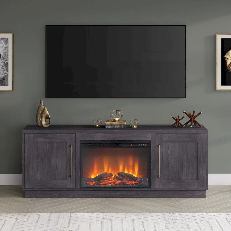 Meuble TV rectangulaire avec foyer électrique décoratif, adapté aux téléviseurs jusqu'à 75 pouces.