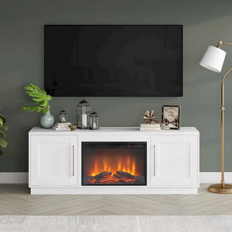 Meuble TV rectangulaire avec foyer électrique décoratif, adapté aux téléviseurs jusqu'à 75 pouces.